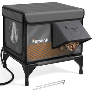 Outdoor Heated Cat House in Winter, Extremely Insulated & Weatherproof, Elevated Feral Cat Shelter with Waterproof Eaves & Escape Door for Outside Stray Barn Cat (Dark Grey, S) (16.5"L x 12.6" W x 17.7"H)
