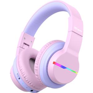 iClever BTH12 Kids Bluetooth Headphones,Colorful LED Lights,74/85dBA Safe Volume,85H Playtime,Bluetooth 5.2,Over Ear Headphones Built-in Mic for iPad/Tablet/Airplane,Blossom Pink
