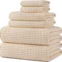 POLYTE 430 GSM Microfiber Quick Dry Lint Free Oversize Bath Towel Set, 6 Piece (Waffle Weave) (Light Beige)
