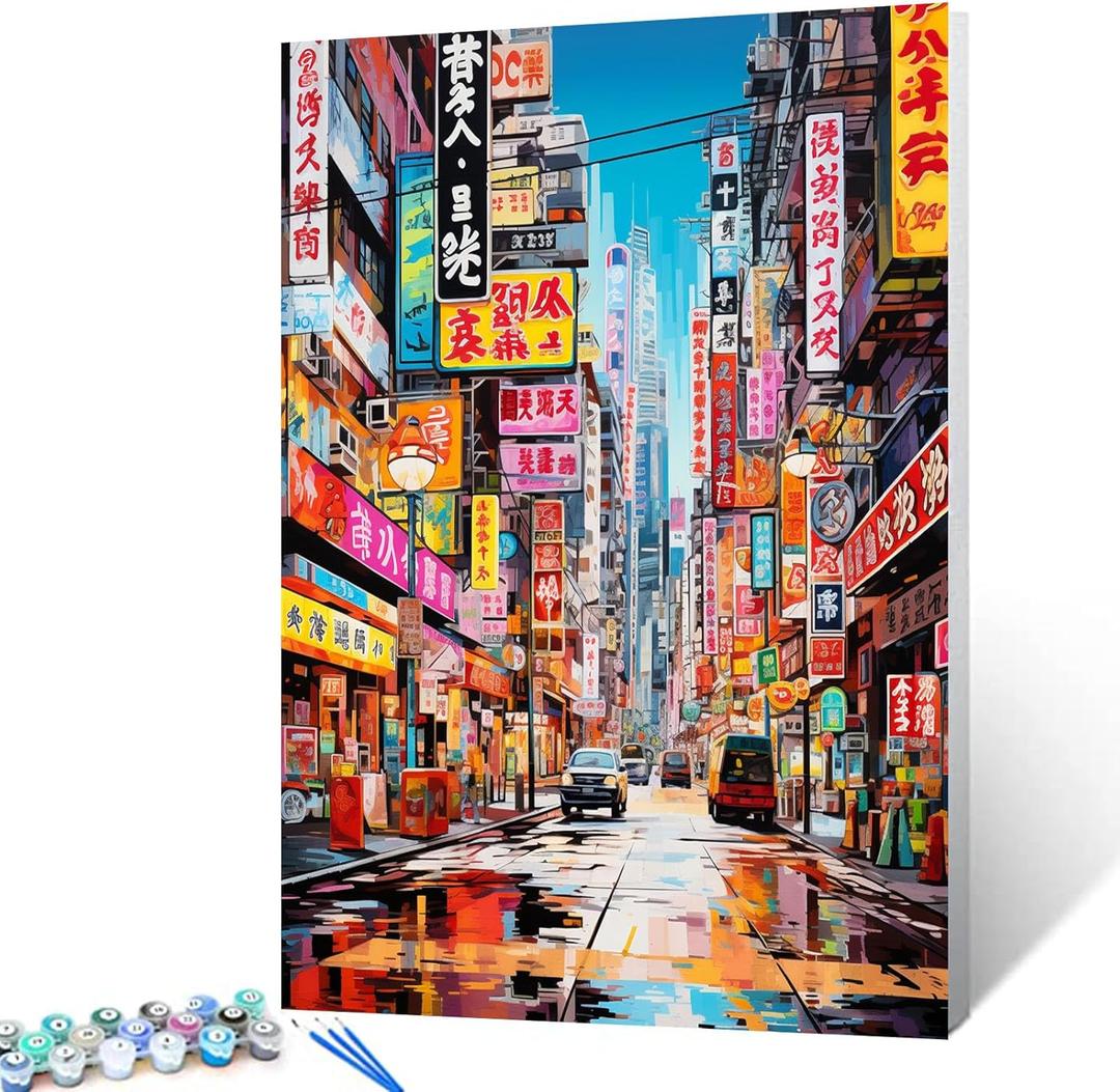 Graffitic Chinatown Paint by Numbers Kits 16x20 inch Canvas American Cityscape DIY Oil Painting for Kids,16''x20' inch Adults Beginner San Francisco City Paintwork with Brushes Nordic Gift(DIY Frame) (Artwork-25)