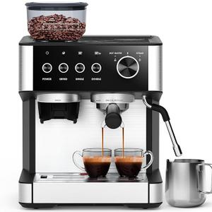 Joy Pebble 15 Bar Espresso Machine with Grinder & Milk Frother, All-in-One Coffee Maker for Home Baristas, 30-Position Grinder, 2.9L Removable Tank,for Cappuccino Latte