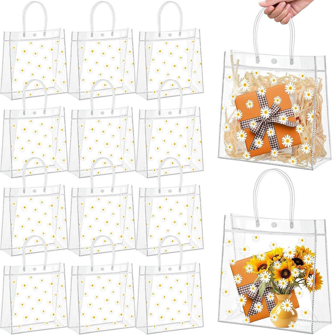 Kolldenn Clear PVC Gift Bags with Handle, Transparent Tote, Reusable Treat Bags for Wedding Birthday Shopping Party Supplies(White,9.84"x9.84"x3.54",Daisy)
