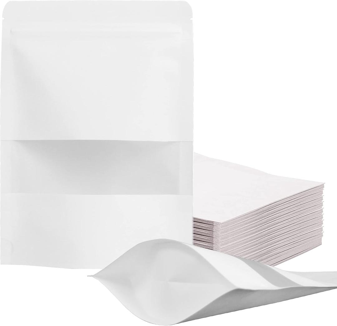 FireKylin 100 Pcs Resealable Bags,Inner Size 4.9" x 5" (Outer Size 5.5" x 7.9") Stand Up White Paper Bags with Matte Window, Zipper Food Storage Bags for Packaging Products, Reusable, Sealable