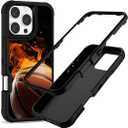Compatible with iPhone 16 Pro Case, Heavy-Duty 3-in-1 Full-Body Rugged with Soft Rubber Bumper Shockproof Protective Cover for Men Boys Kids Teen - Fire Basketball 011