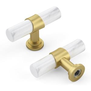 Rergy Cabinet Handles Marble Drawer Pulls and Knobs, 10Pack White Marble & Matte Gold Single Hole, T-Bar Hardware for Kitchen Dresser Zinc Alloy Furniture