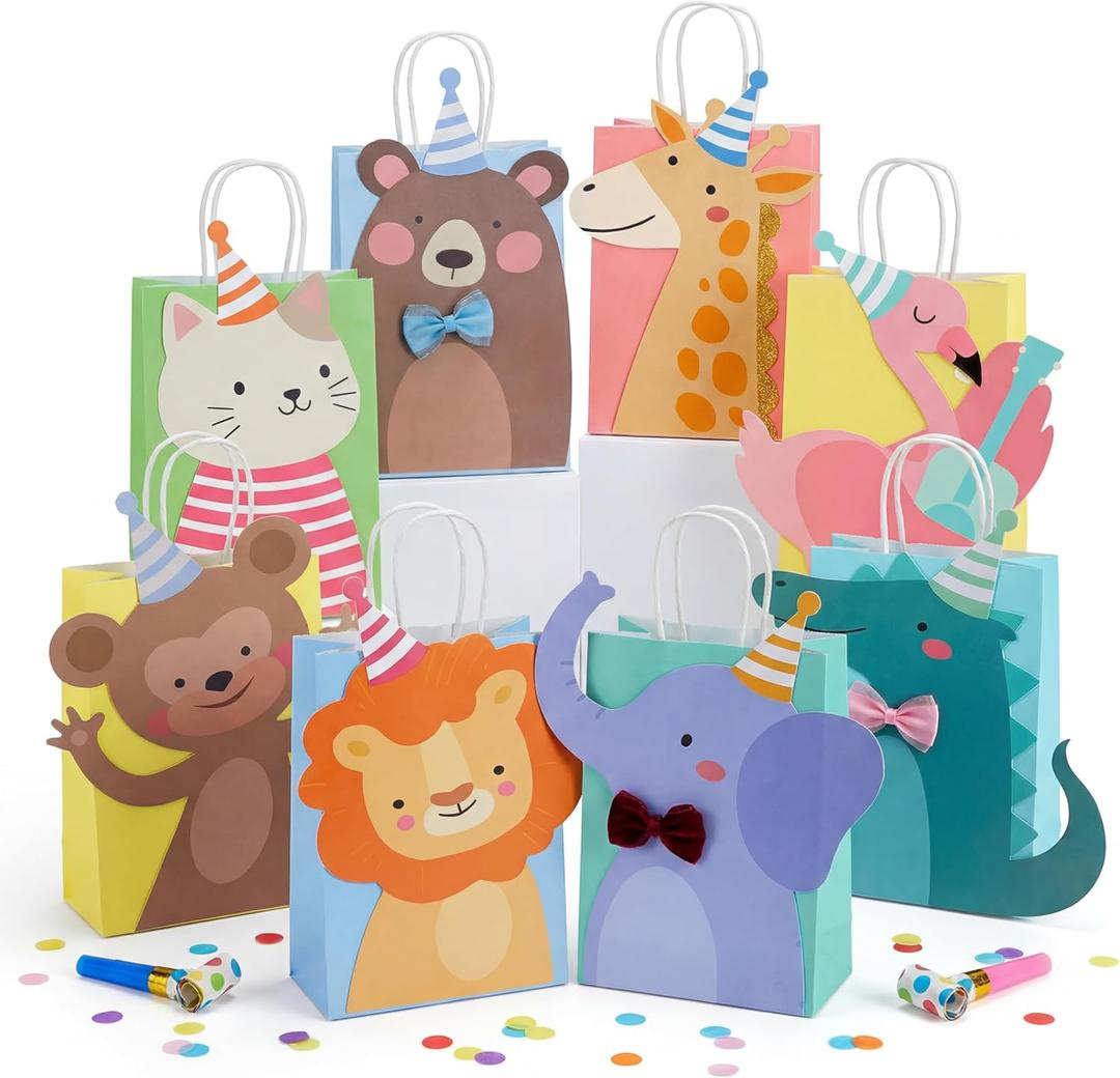 24 Packs Animal Parade Themed Paper Gift Bags, Cute Party Favor Bags with 3D Animal Shapes, Reusable Decorative Gift Tote for Birthdays, Holiday Gifting, Zoo/ Carnival Themed Parties