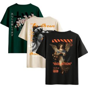 GORGLITTER Men's 3 Pack Vintage Graphic Tee Shirt Short Sleeve Crew Neck Casual Summer Streetwear T-Shirts, Large