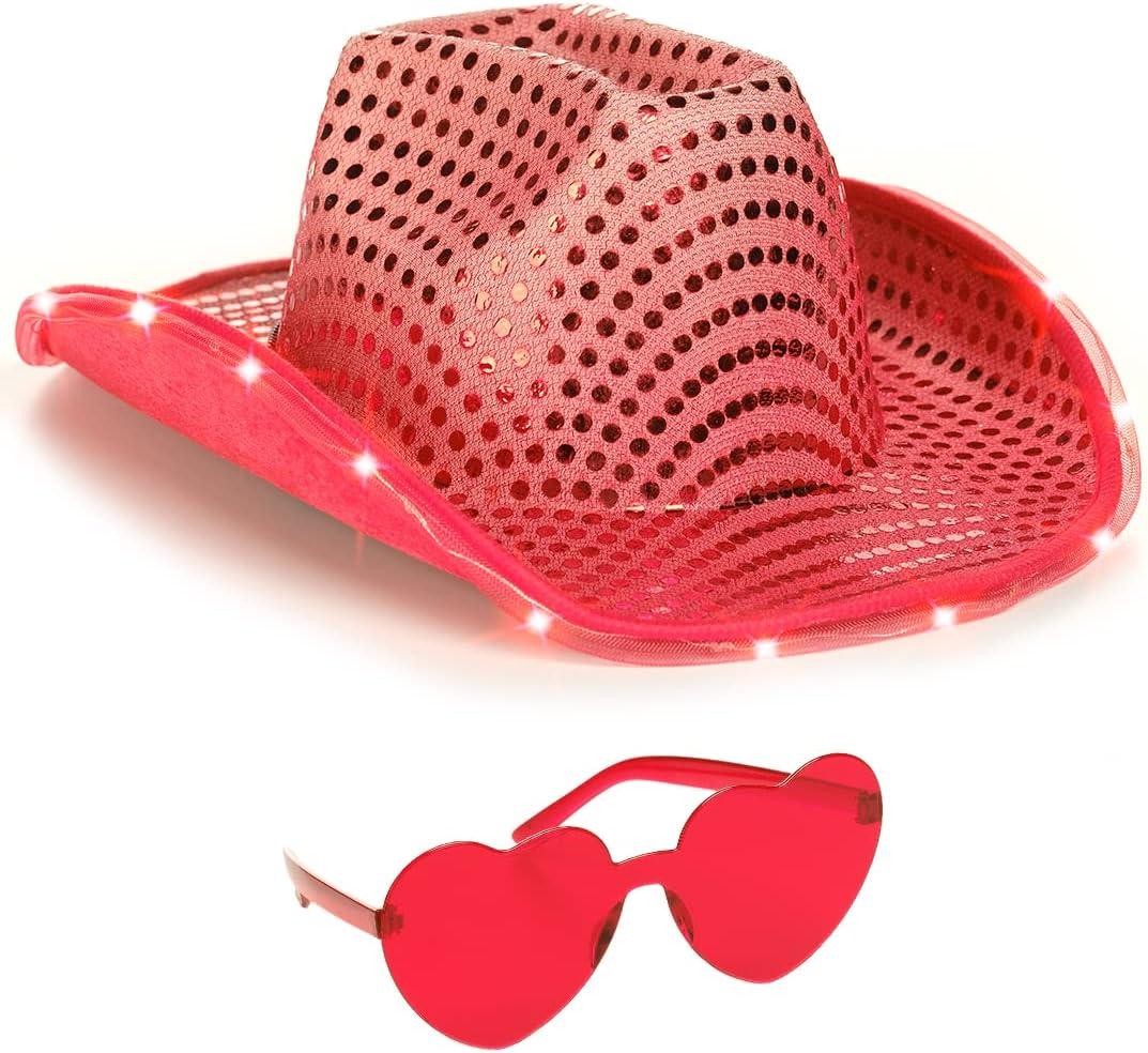 Funcredible Light Up Cowboy Hat and Glasses - Sparkly Disco Cowgirl Hat - Sequin Cowboy Hat for Women - Cowgirl Costumes