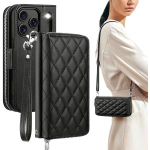 OCASE for iPhone 17 Pro Crossbody Wallet Case - Stylish PU Leather Handbag Phone Purse with Zipper Closure, 10 Card Slots & RFID Blocking - Wrist Strap, Lanyard, Kickstand - Diamond Check Black