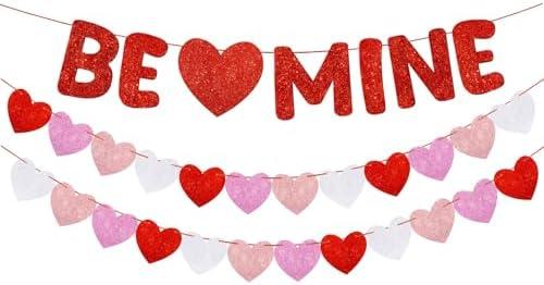 Fulmoon Pre Strung Valentines Decor Glitter Valentine's Day Banner Glitter Heart Garland Banner, for Valentines Decorations, Anniversary, Wedding, Engagement Party, and Home Decor (Be Mine)
