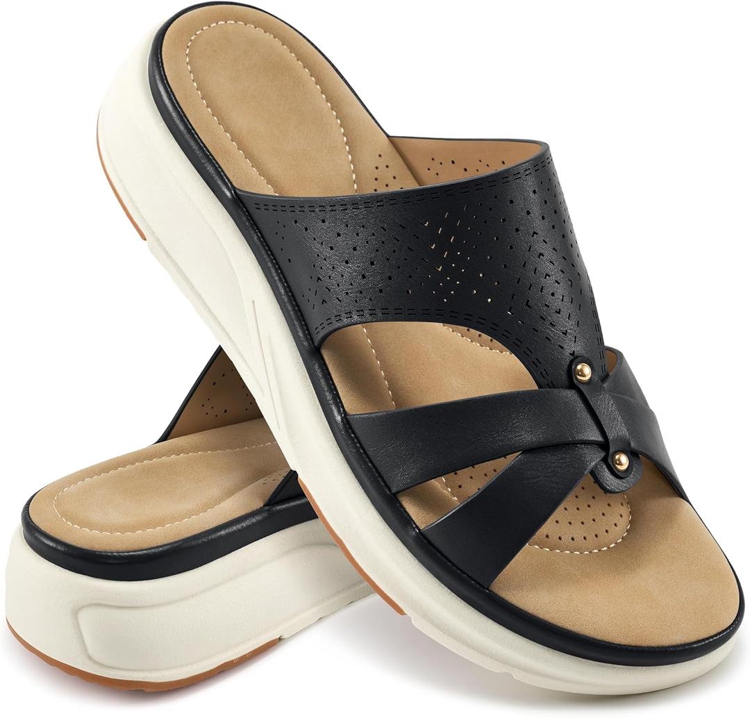 Womens Sandals Dressy Walking: Comfortable Dress Slide Women - Summer Outdoor Platform Sandals (7, Black)