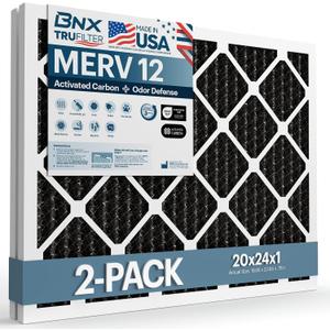 BNX TruFilter 20x24x1 MERV 12 Odor Defense (2-Pack) AC Furnace Air Filter with Activated Carbon - MADE IN USA - Pleated Air Conditioner HVAC AC Furnace Filters - Removes Odor, Mold, Bacteria, Smoke