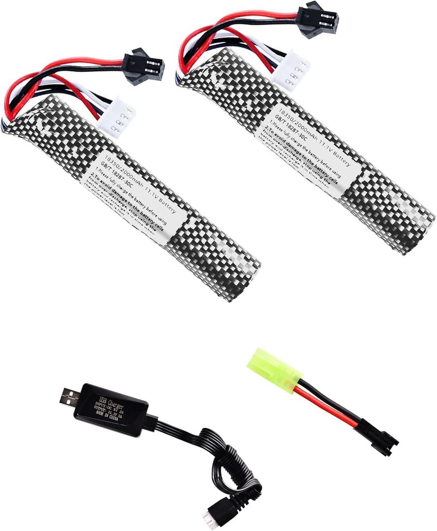11.1v 2000mAh Battery with Charger - Rechargeable Batteries Accessories with SM2P Plug Mini Tamiya Connector for Airsoft Compatible with Gel Ball Blaster Gun,2 pcs