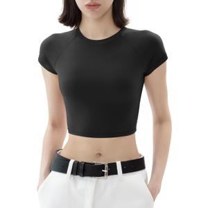 PUMIEY Crop Tops for Women Short Sleeve Crew Neck T Shirt Sexy Baby Tees Jet Black Small