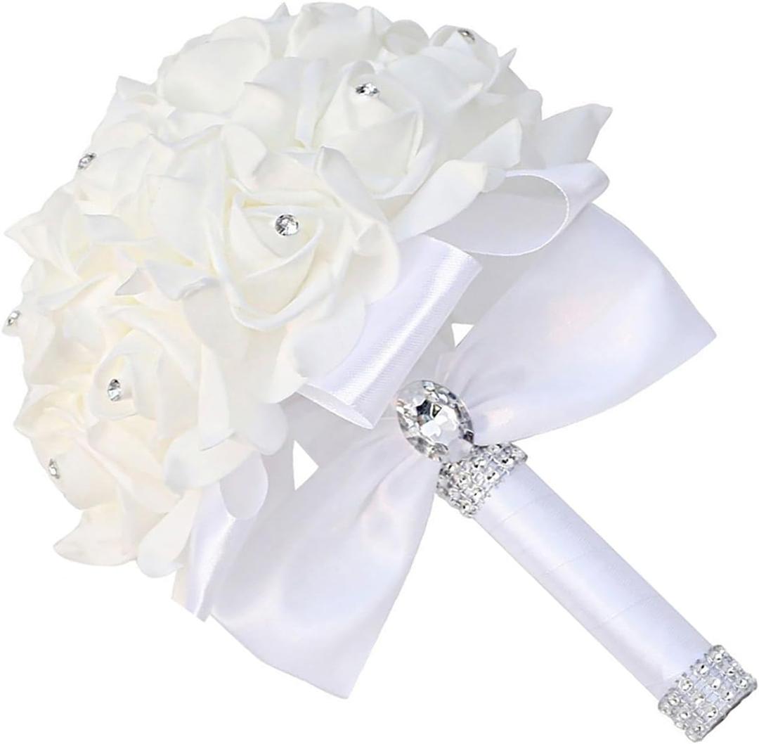 CUIWEI Wedding Bouquets for Bride & Bridesmaid - Hand Roses & Silk Roses Crystal Diamond Artificial Flowers for Wedding Parties, Churches (White)
