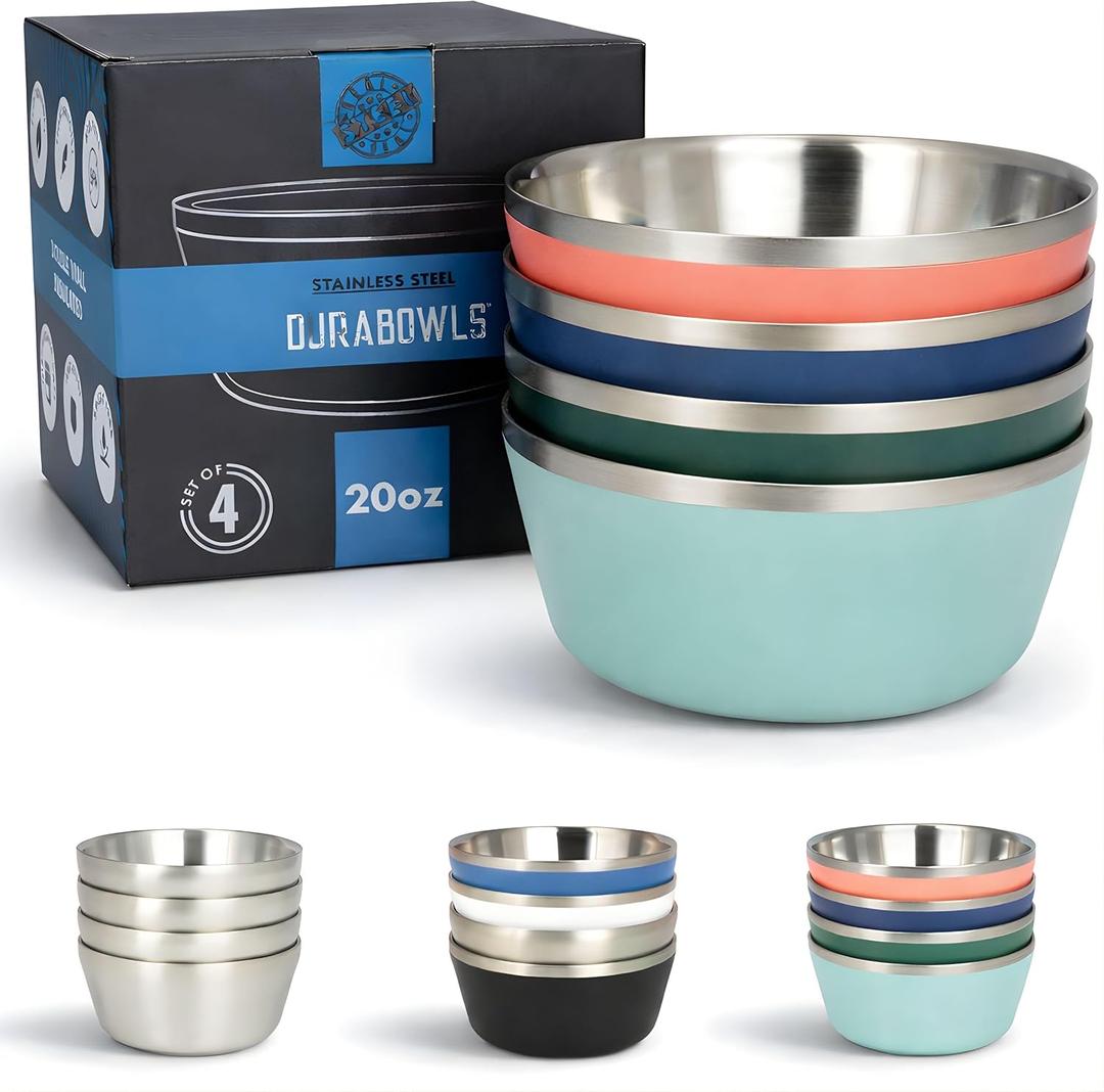 Stainless Steel Insulated Bowls for Kids and Adults - Set of 4-20 Oz Double Wall Metal Bowls for Ice Cream, Soup, Cereal, Snack, Rice Dish, Camping (Assorted 2 (Navy, Green, Teal Blue, Coral))