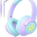 Kids Wired Headphones for School, 85/94 dB Volume Limit, Wired Over Ear Headphones for Girls Kids with Microphone, Foldable Stereo Sound 3.5mm Wire Cord for Kindle Tablet Airplane Travel, Purple