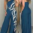 CHICME Jumpsuits for Women Dressy 2026 One Shoulder Printed Wide Leg Romper Casual Vacation Summer Outfits with Pockets (Blue, XL)