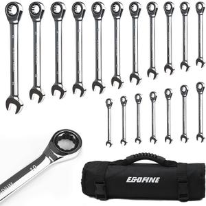Egofine Ratcheting Wrench Set, 6 mm - 24 mm Metric Wrench Set 18pc, 72 Teeth Combination Wrenches Set, Chrome Vanadium Steel with a Roll Up Storage Bag