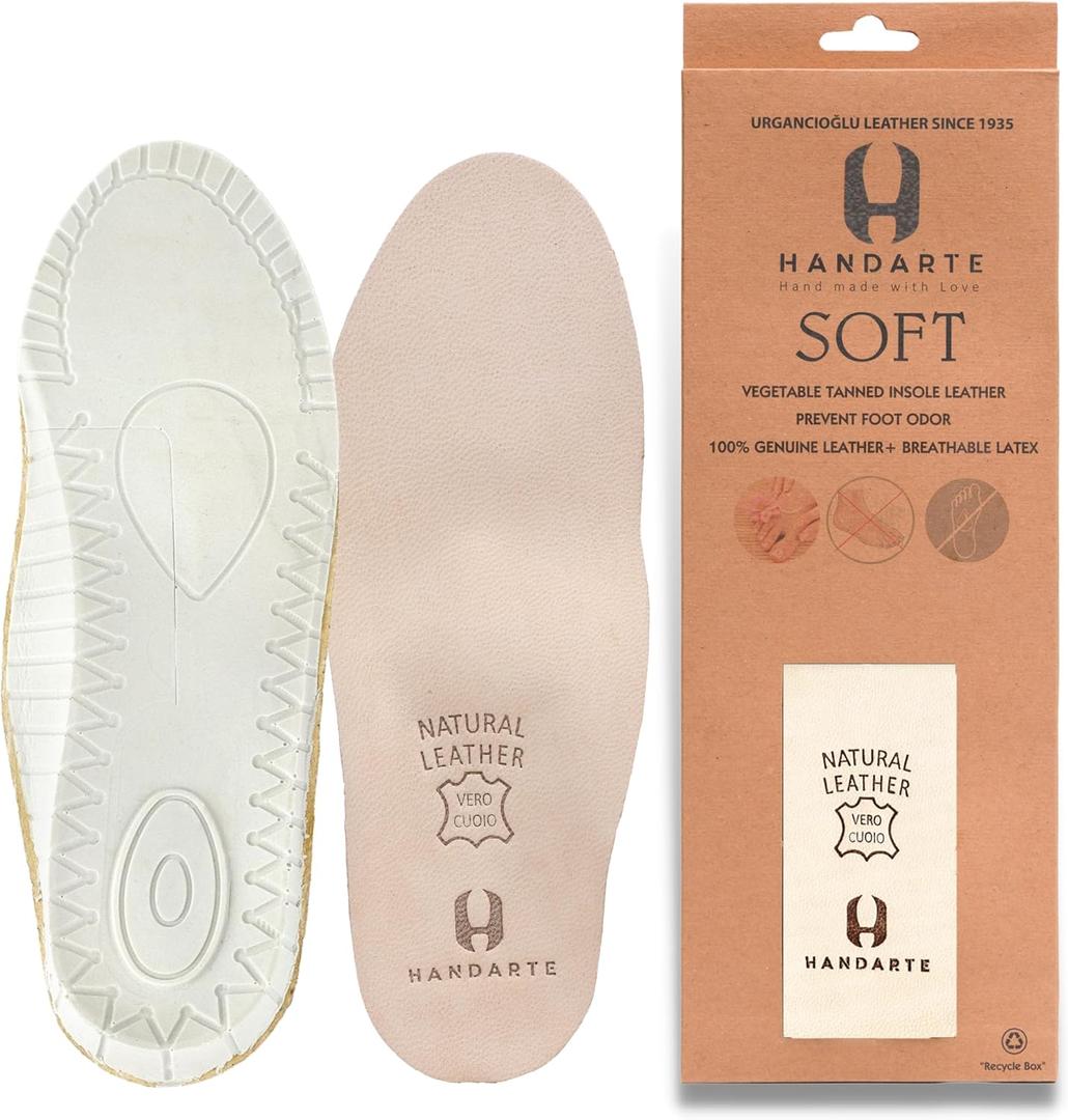 HANDARTE Leather Orthopedic Insoles | Padded Comfort Shoe Inserts for Men/Women | 100% Natural Goatskin - ChromeFree, Anti Sweat & Anti-Odor - Suitable for No-Socks (US W9.5/M8 | EU41)
