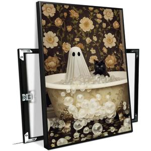 Halloween Canvas Wall Art Spooky Vintage Bathtub Scene with Black Cat Ghost Paper Cut Floral Wallpaper Poster Print for Living Room Bedroom Office Decoration (8x12in Black Framed, A01)