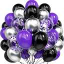 70pcs 12 inch Purple Black Metallic Silver Latex Balloons with Purple Confetti for Halloween Birthday Anniversary Wednesday Graduation Party Decorations