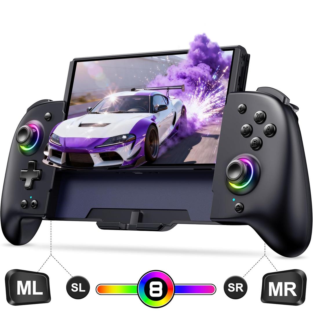 Spican Switch Controllers for Nintendo Switch/OLED Controller, Full-Size Switch Joy-pad for Better Handheld Mode, Switch Accessories Wireless Pro Controller with RGB Light/Battery/Turbo/Macro/4 Game Slot (Switch 1 - 6.2"/7", Black)