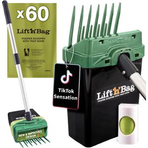 Neater Pet Brands Lift N Bag 2.0 Dog Pooper Scooper with Bag Attachment & 22" Pole for Small to Large Dogs, New & Improved Design, 60 Refill Bags, Heavy Duty Dog Poop Scooper for Yard, One-Hand Use