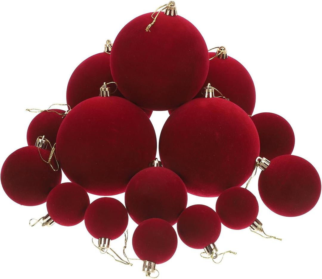 Ornaments - Velvet Flocked Decoration Balls 15 Pcs Shatterproof Red Deep Maroon Tree Hanging Decor Set, 4 6 10 cm Romantic Party Gift for Her