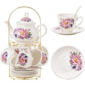 20-Pieces Tea Set For Adult with Golden Metal Rack,Porcelain Tea Sets For Women,Tea Gift Sets for Home&Party(K018)