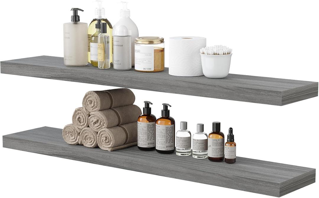 BAMEOS Floating Shelves, Walnut Wall Mounted Wooden Shelves with Invisible Brackets Set of 2, Hanging Wall Shelves Decoration for Bedroom, Bathroom, Living Room and Kitchen (31x7, Walnut Gray)