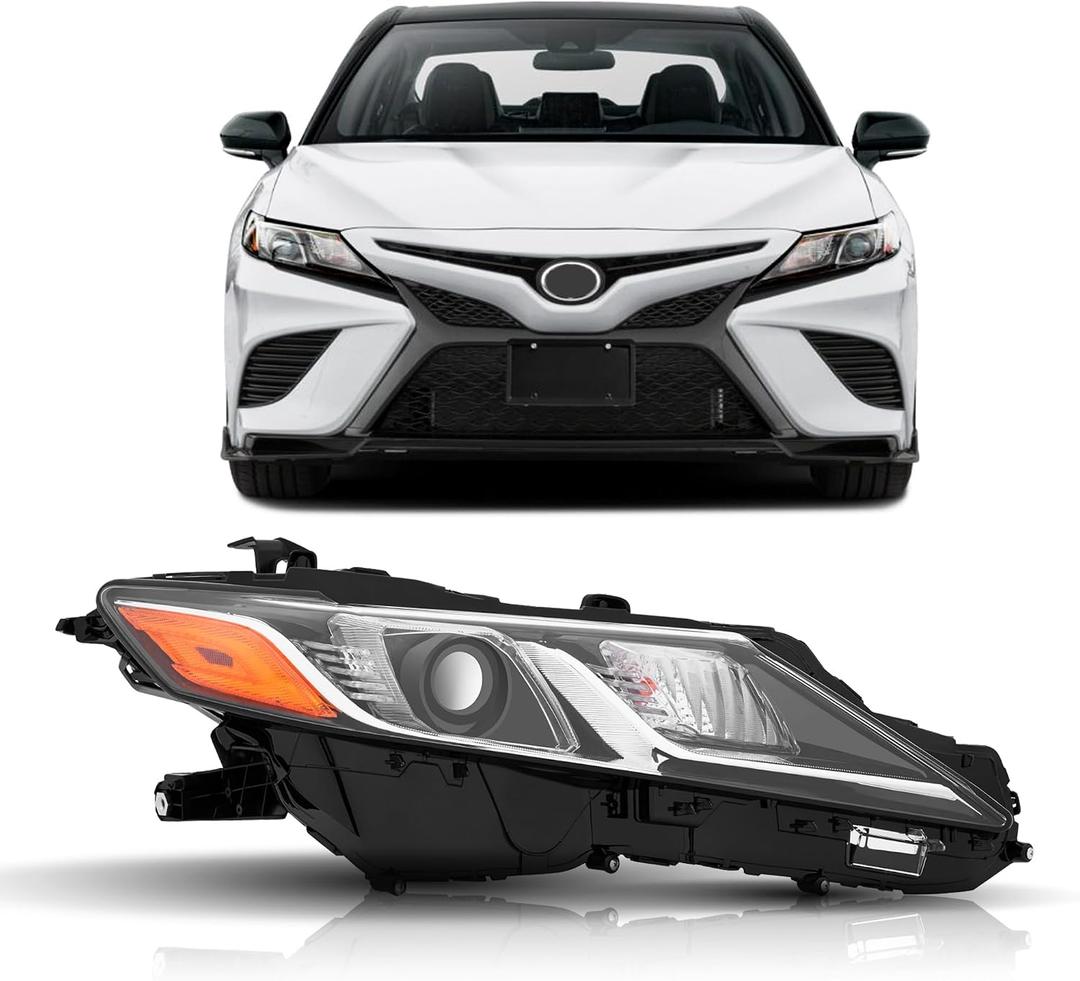 Headlights Assembly Compatible with 2018 2019 2020 2021 2022 2023 2024 Toyota Camry L LE SE HeadLamps Passenger Side, Chrome Housing Amber