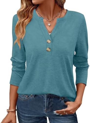 GKBK Womens Long Sleeve Tops Fall Clothing V Neck Casual Shirts Button Dressy Trendy Blouses Loose Fit Tunic XL