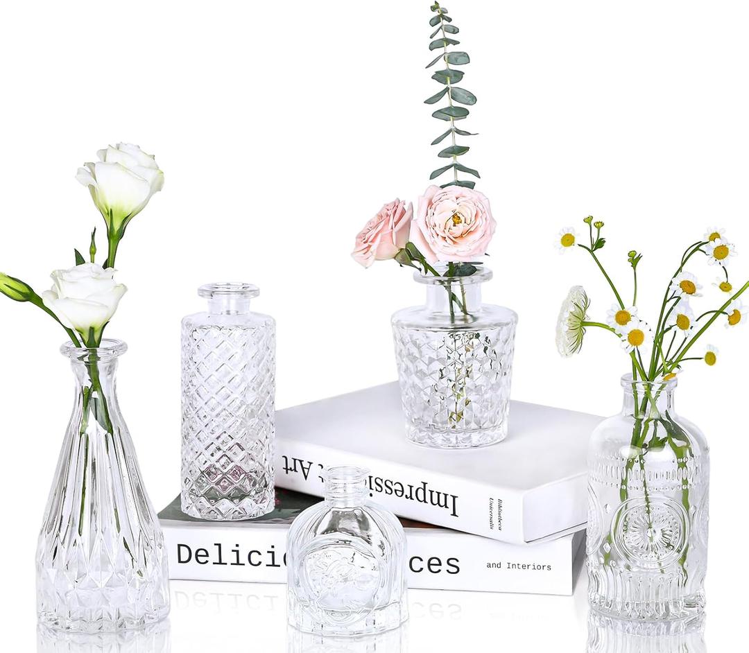UPBUD Clear Glass Bud Vases Set of 5, Mini Flower Vase for Centerpieces, Small Clear Vases in Bulk for Wedding Decorations, Vintage Vase for Table, Recepetion, Home Dcor