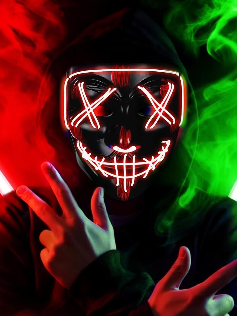 Led Light Up Scary Mask El Wire Mask for Halloween 3 Lighting Modes for Aldult Teens (One Size, Red)