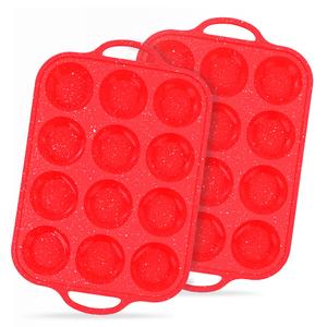 12-Cup Mini Silicone Muffin Pan with Reinforced Steel Frame,Red-Whitedot