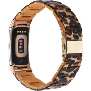 Resin Band Compatible with Fitbit Charge 6/ Fitbit Charge 5, Waterproof & Lightweight Bracelet Wristband Replacement with Stainless Steel Buckle, Fashion Strap for Fitness Tracker Women (Leopard Print)