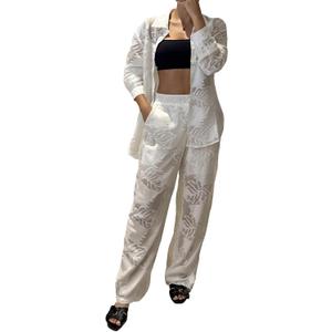 CHICME Womens Textured Two Piece Outfit Set Elegant Button Down Long Sleeve Shirt and Loose Wide Leg Pants Set (White, M)