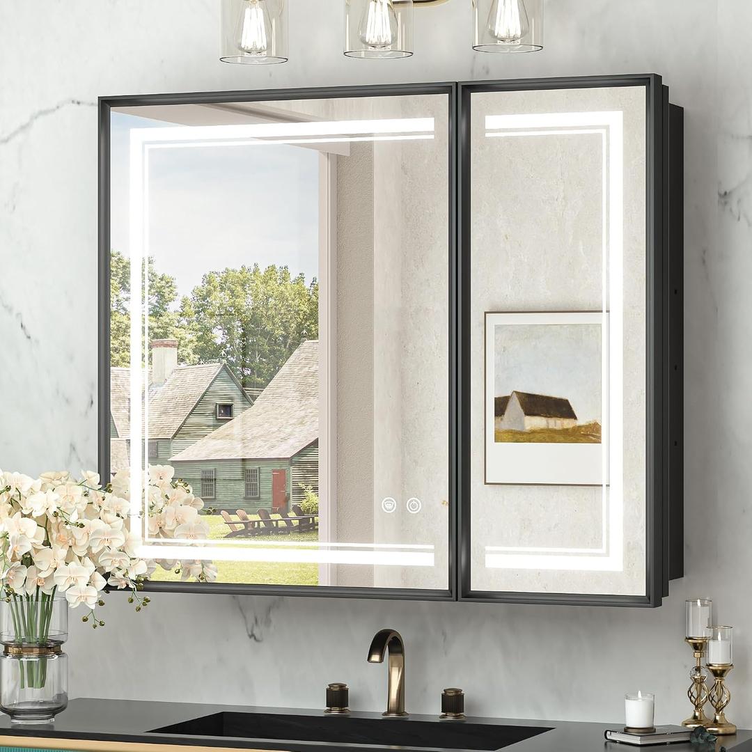 TokeShimi 30x26 Inch Black Medicine Cabinet with Lights Mirror Tempered, 3-Color Stepless Dimmable LED Mirror Medicine Cabinet Wall Mounted, LED Mirror with Storage and Defogger 2 Outlets