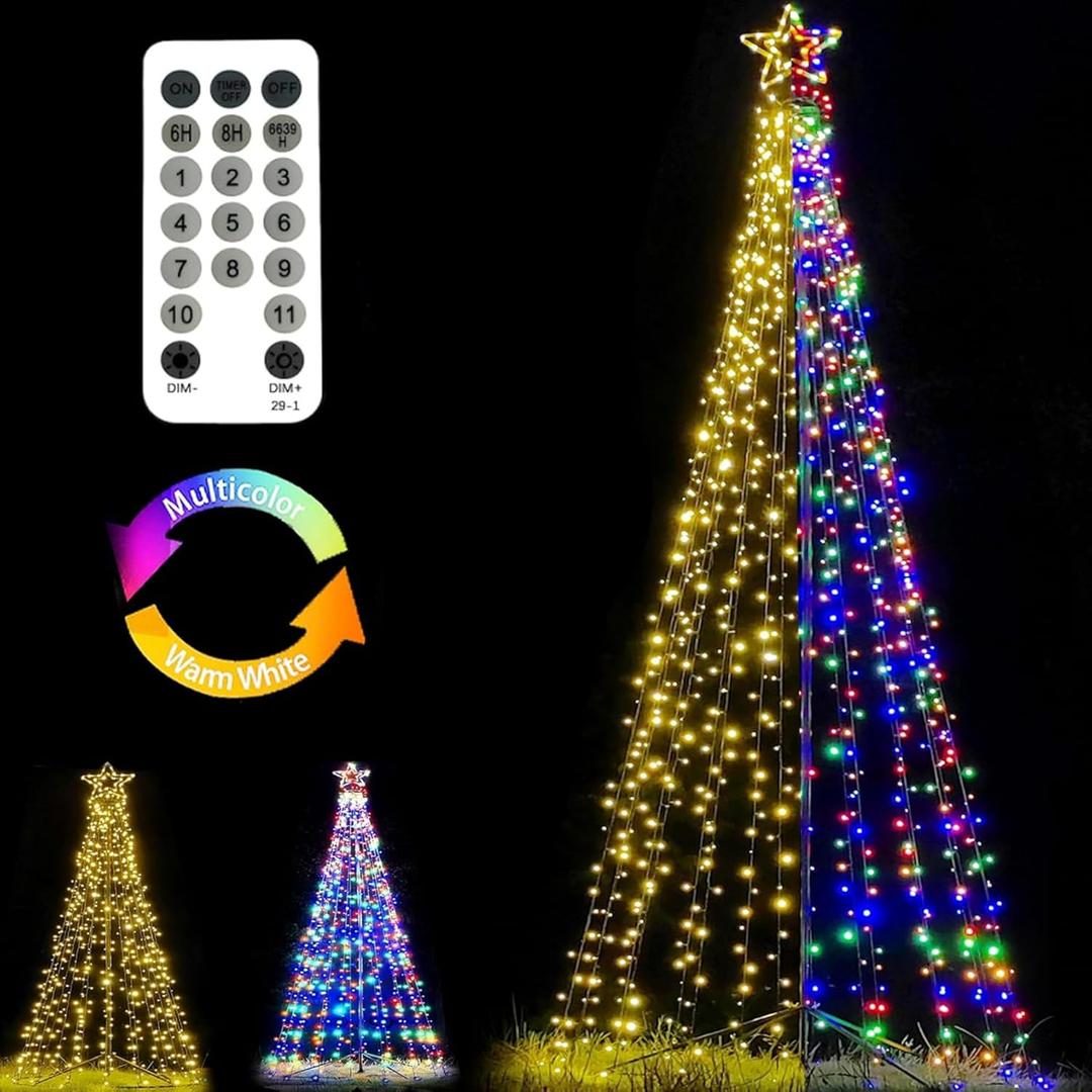 Fairyrain Outdoor Lighting Christmas Tree Lights 12Ft Cone Tall Star Topped Artificial Christmas Trees Arbol de Navidad Outside Decor for Xmas New Year Holiday WarmWhite/Multicolor