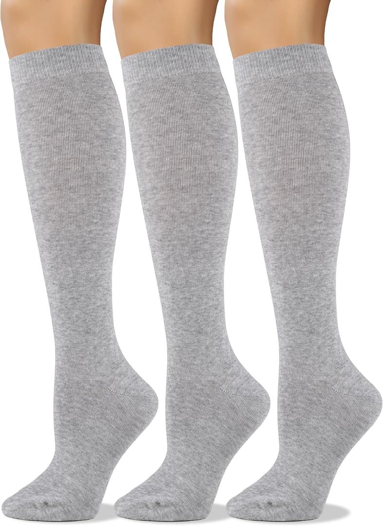 COTTON DAY Women's Soft Combed Cotton Knee High Long Calf Dress Socks Seamless Toe Black White Gray Navy Blue Brown (6-9, Plain Lt.gray)