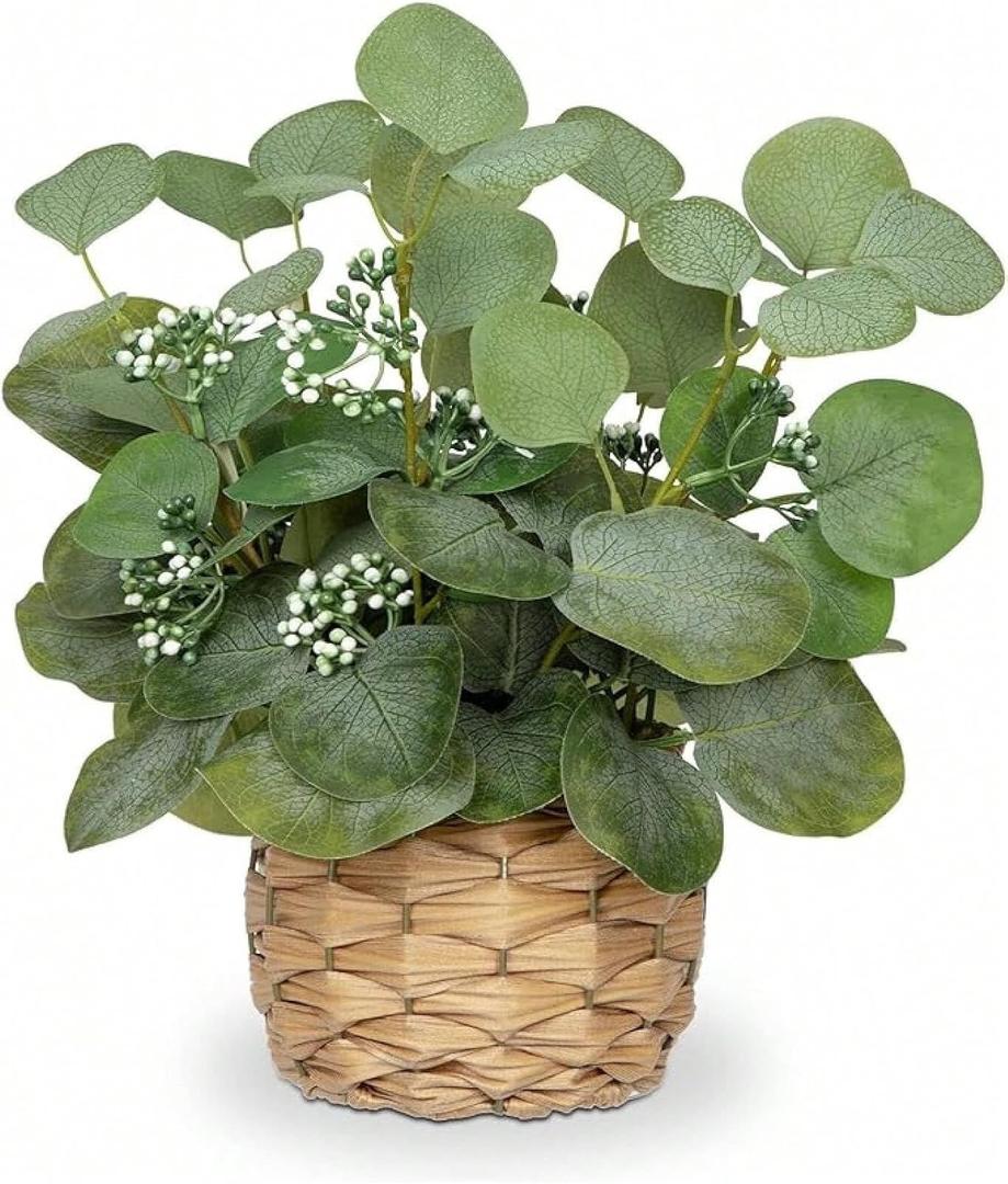 Artificial Eucalyptus Stems in Woven Basket Planter, 12" Fake Plant