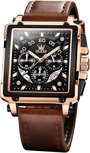 OLEVS Men's Rectangular Watches Black Dial Arabic Numerals Tank Watches for Men Brown Leather Band Fashion Sword Hands MultiFunction Quartz Watch Water Resistant Rose Gold Tone Men Watch with Date