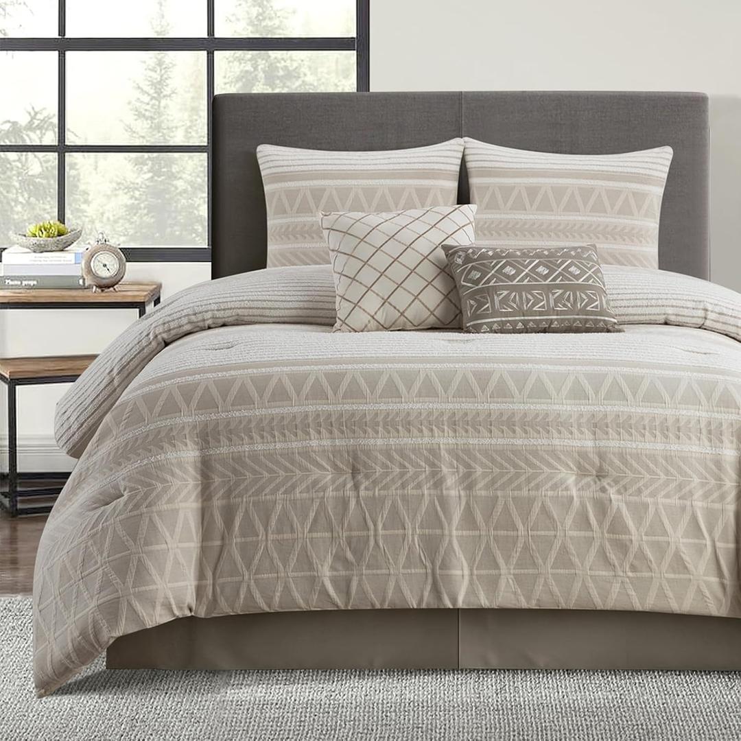 Cotton Comforter Set California King, Gorgeous Geometric Jacquard, Beige Soft Lightweight Bedding Set for All Seasons, Bedskirt, Pillow Shams and Decor Pillows