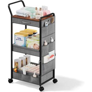 BBLIKE 3-Tier Diaper Caddy Organizer - Rolling Utility Baby Cart with Drawer and Side Pockets for Nursery and Baby Essentials, Multi-Function Cart for Bedroom and Bathroom, Gray