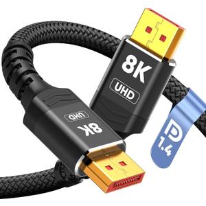 8K 4K DisplayPort Cable 1.4, 6.6FT DP Cord (VESA Certified, 8K@60Hz, 4K@144Hz, 2K@240Hz/165Hz), 32.4Gbps High Speed Display Port Cable for Gaming Monitor, HDR/FreeSync/G-Sync, Braided, Black