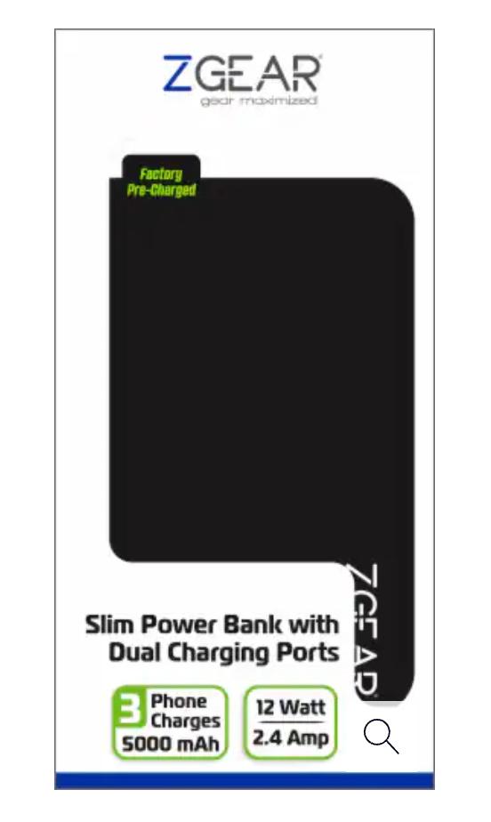 ZGear 5000 mAh Slim Dual Charging Port Power Bank - Black