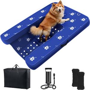 Inflatable Dock Platform, Dog Boat Ramp Floating Non-Slip Oxford and PVC with Lagre Water Ramp for Dogs Pool, Dock, Lake with Traction Rope, Manual Air Pump (4.7ft x 3.1ft x 6in) L03