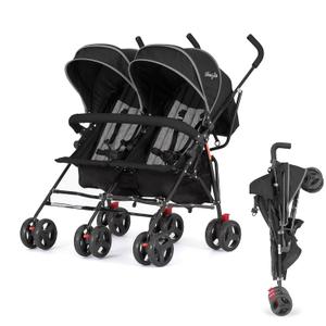 Dream On Me Volgo Twin Baby Stroller, Lightweight Side-by-Side Double Umbrella Stroller with Adjustable Canopy, 5-Point Harness, Storage Basket & Travel-Friendly Fold Black