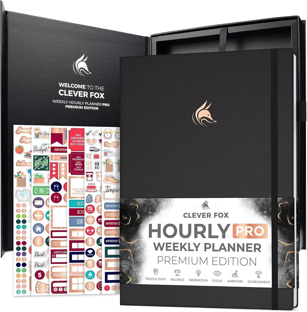Clever Fox Hourly Planner PRO Premium  Undated Schedule Planner with Daily Time Slots  Personal Organizer Notebook for Time Management  Weekly & Monthly Life Journal, A4 Size (Black) (A4 (8.5" x 11"))